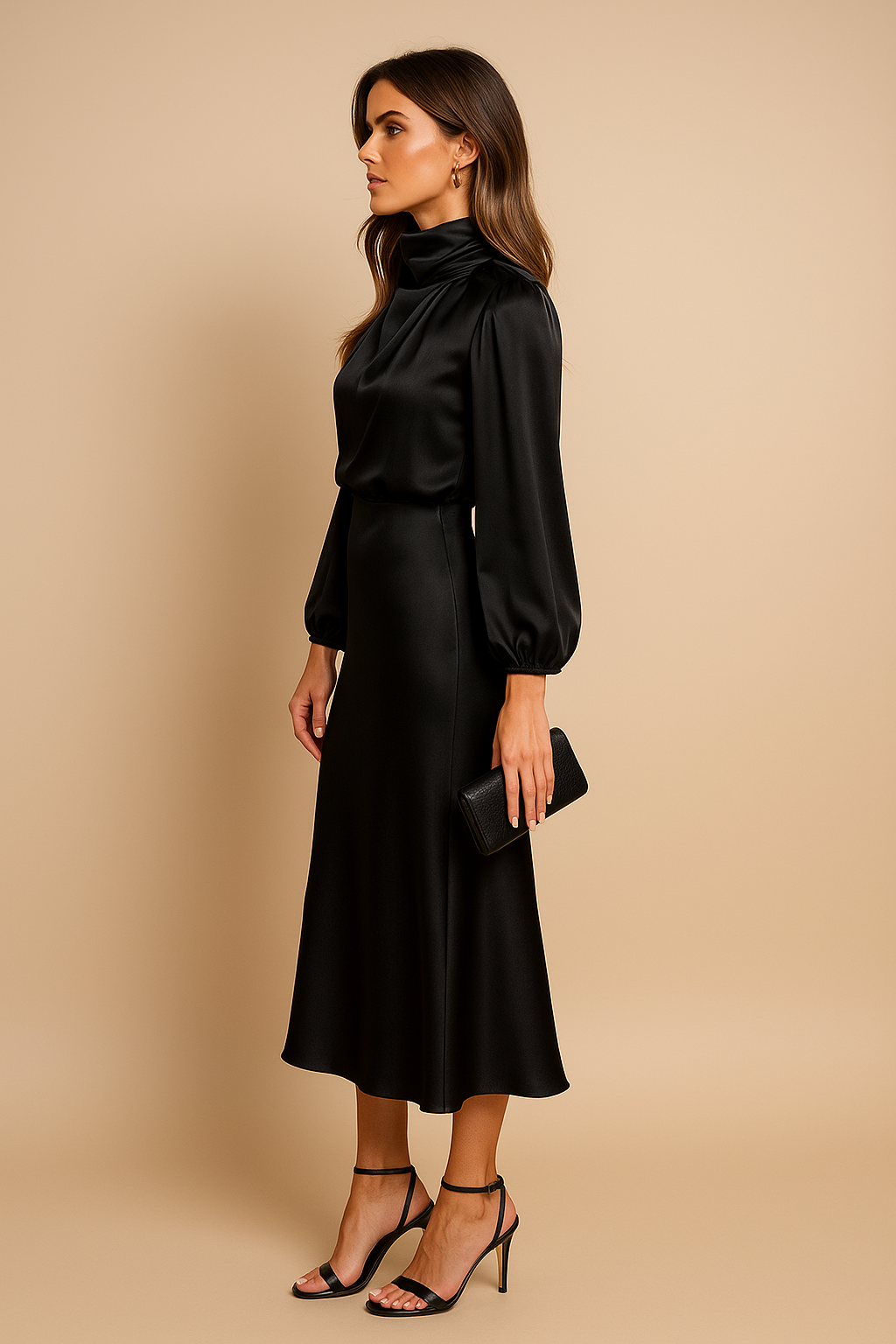 Abito midi in satin da donna – Maniche lunghe collo drappeggiato