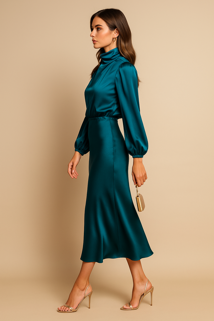 Abito midi in satin da donna – Maniche lunghe collo drappeggiato
