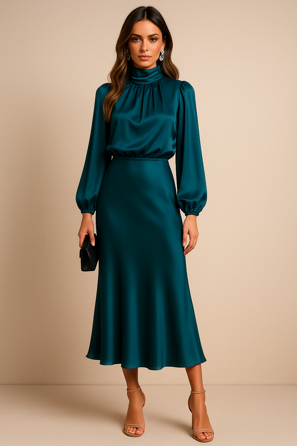 Abito midi in satin da donna – Maniche lunghe collo drappeggiato