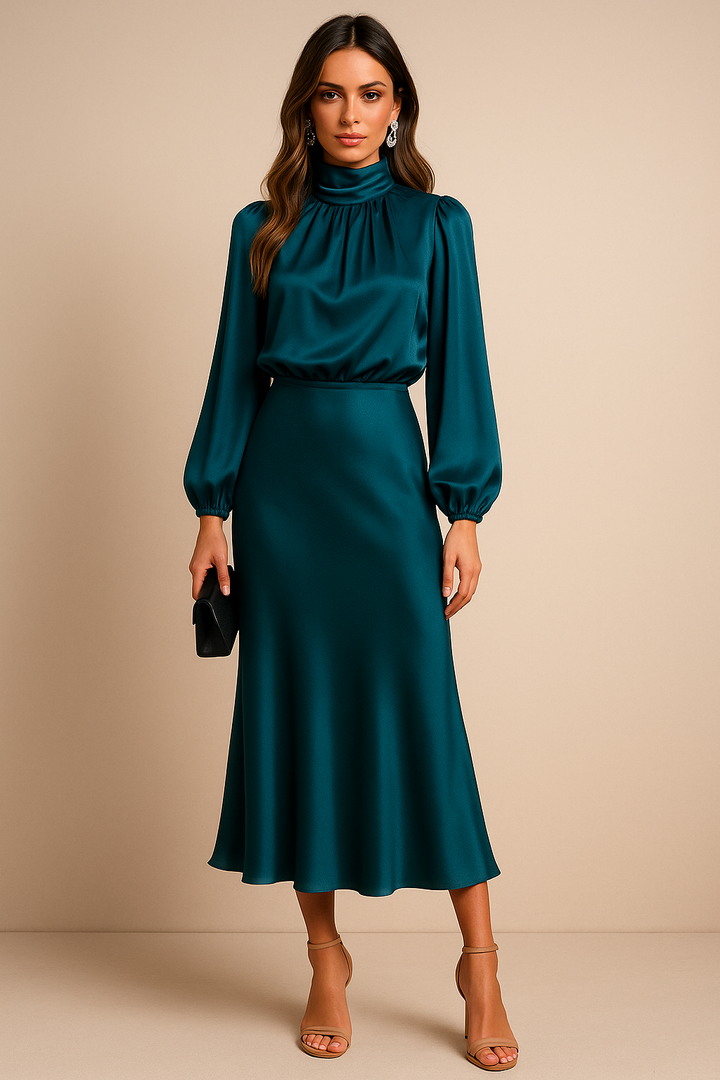 Abito midi in satin da donna – Maniche lunghe collo drappeggiato