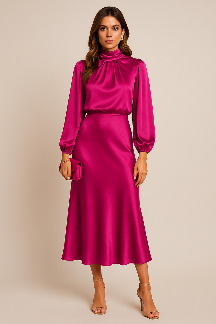 Abito midi in satin da donna – Maniche lunghe collo drappeggiato