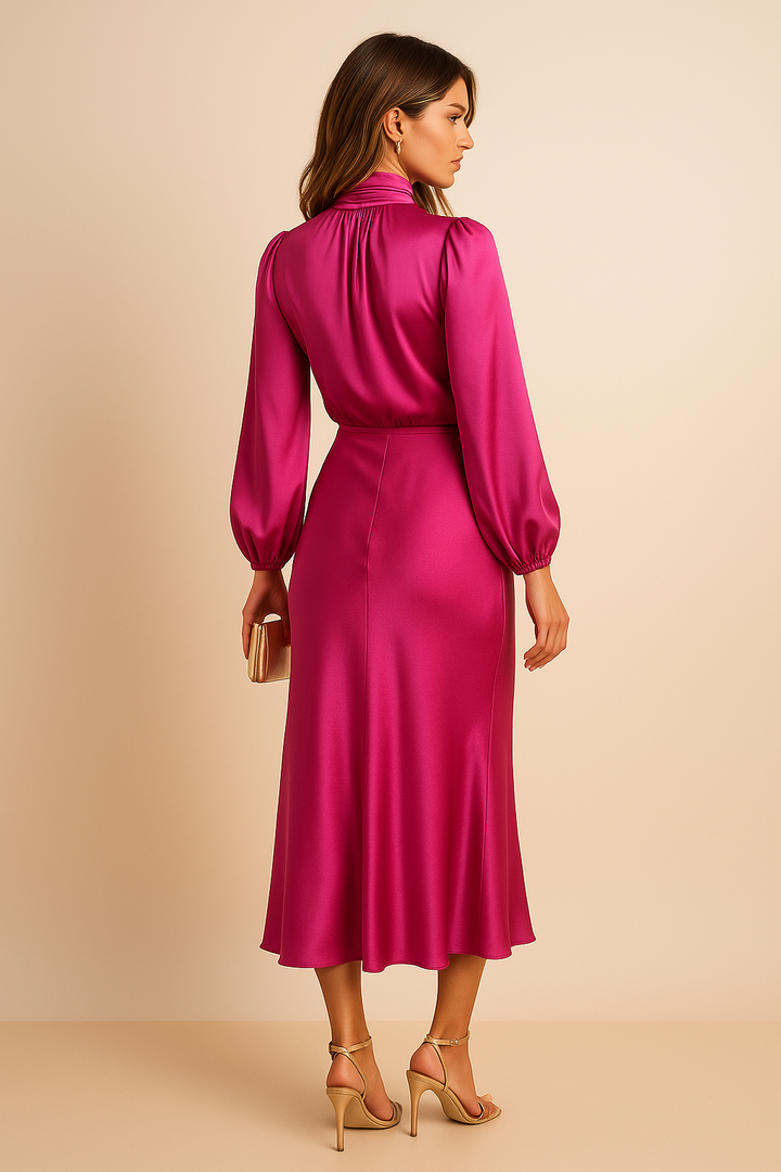 Abito midi in satin da donna – Maniche lunghe collo drappeggiato