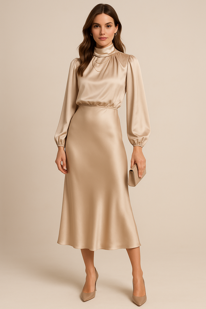 Abito midi in satin da donna – Maniche lunghe collo drappeggiato