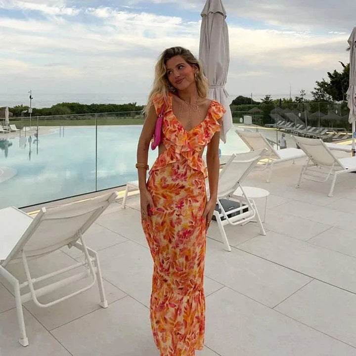 Maxikleid für Damen mit Volants – Fließendes Rückendetail