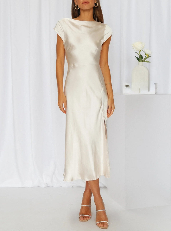 Abito midi donna con scollo a barca e maniche corte – Spacco laterale elegante