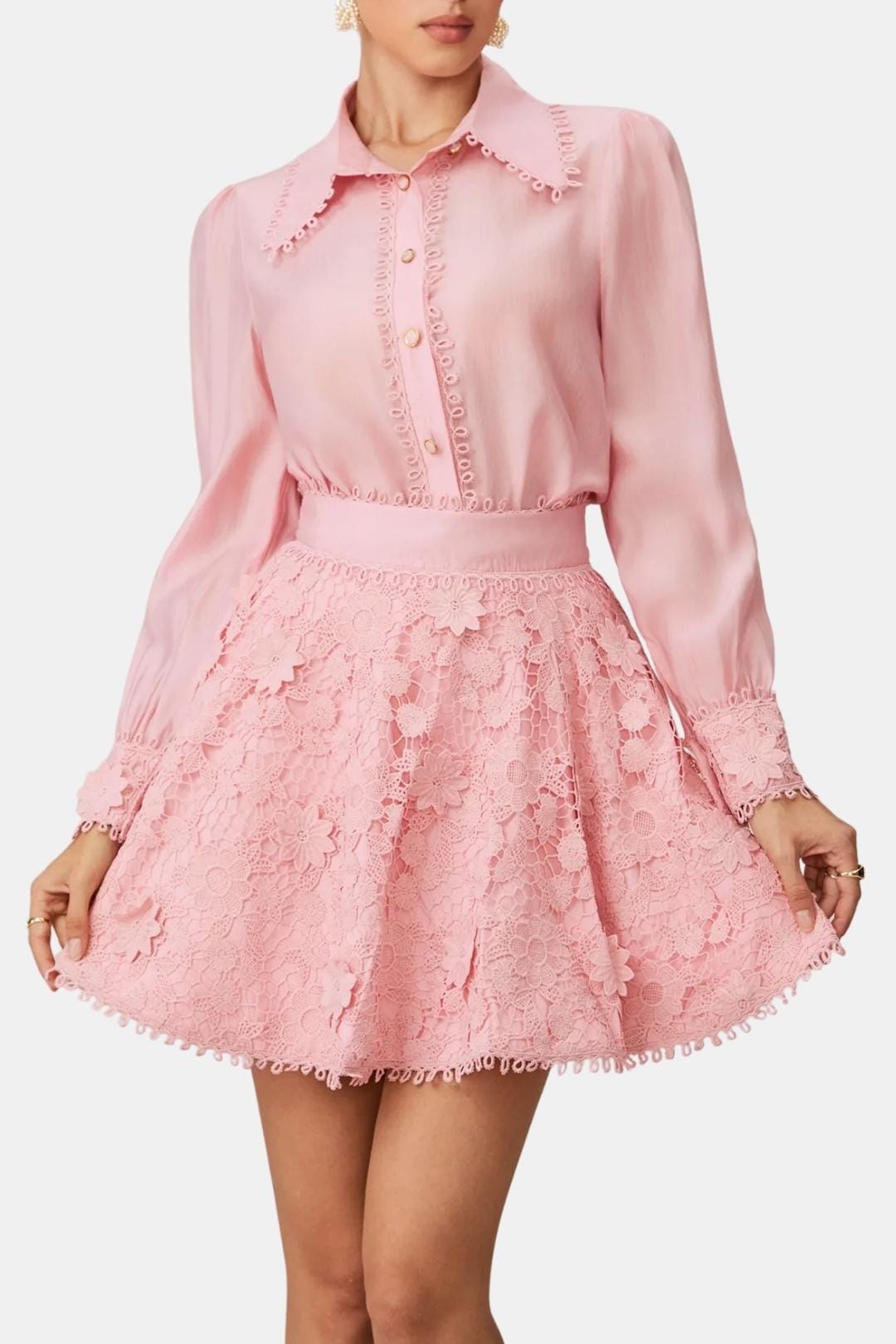 Damen-Set aus Bluse und Rock – Passender floraler Lochstickerei-Rock