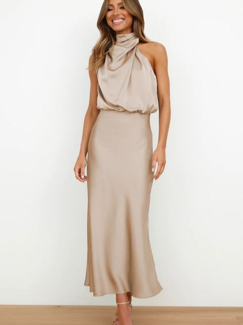 Midi-Satin-Kleid mit Neckholder für Damen – Drapierte Passform mit fließender Silhouette