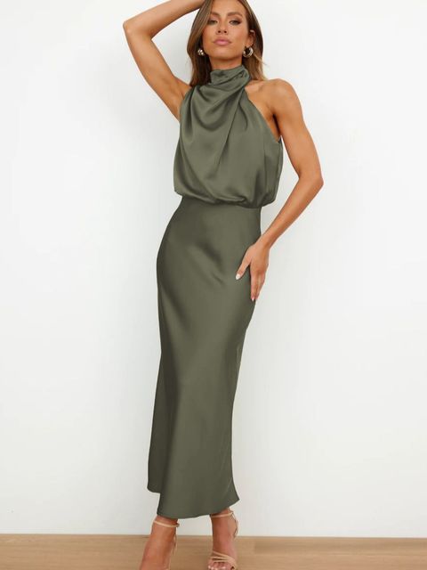 Midi-Satin-Kleid mit Neckholder für Damen – Drapierte Passform mit fließender Silhouette