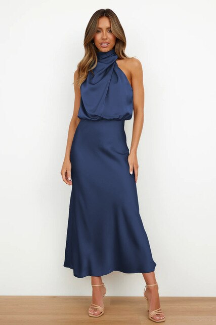 Midi-Satin-Kleid mit Neckholder für Damen – Drapierte Passform mit fließender Silhouette