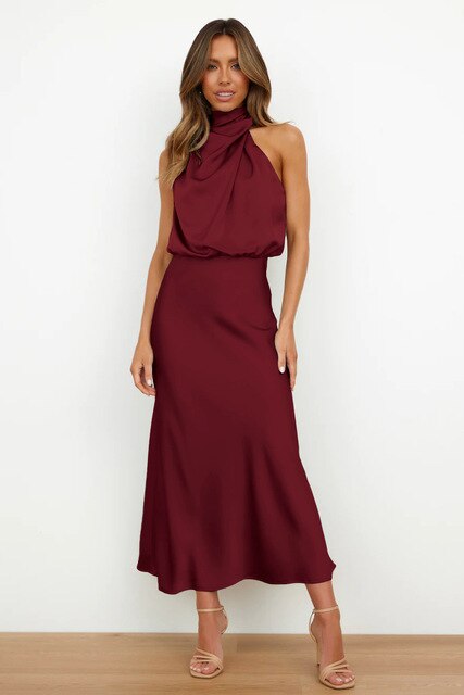 Midi-Satin-Kleid mit Neckholder für Damen – Drapierte Passform mit fließender Silhouette