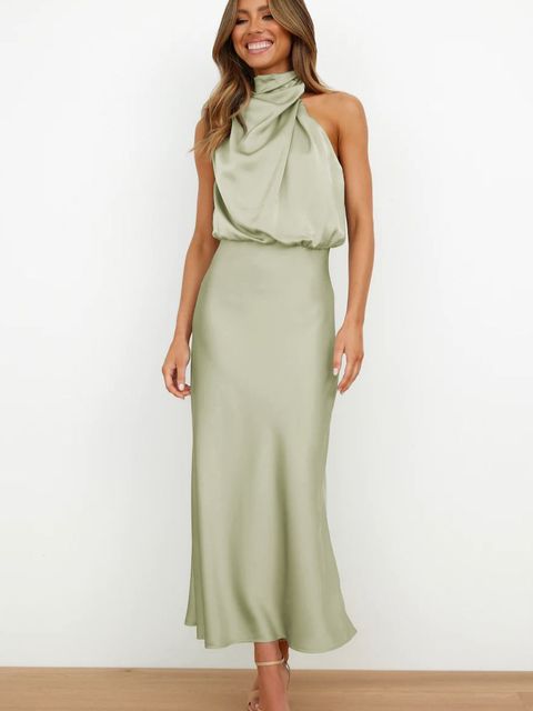Midi-Satin-Kleid mit Neckholder für Damen – Drapierte Passform mit fließender Silhouette