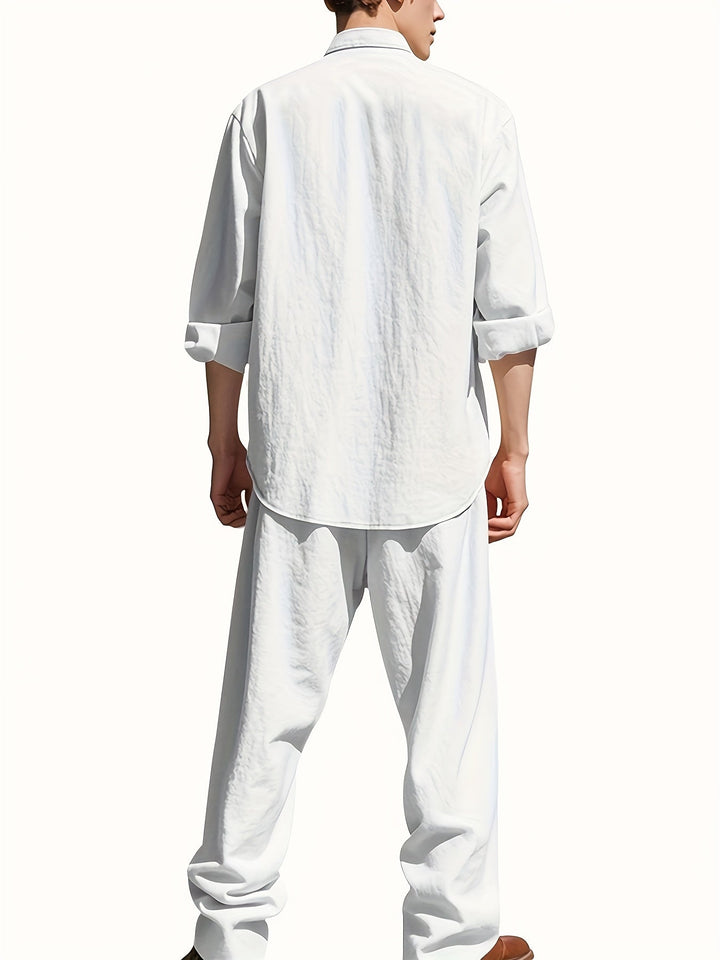 Completo Uomo Due Pezzi in Lino – Camicia Collo Mao e Pantaloni Coordinati