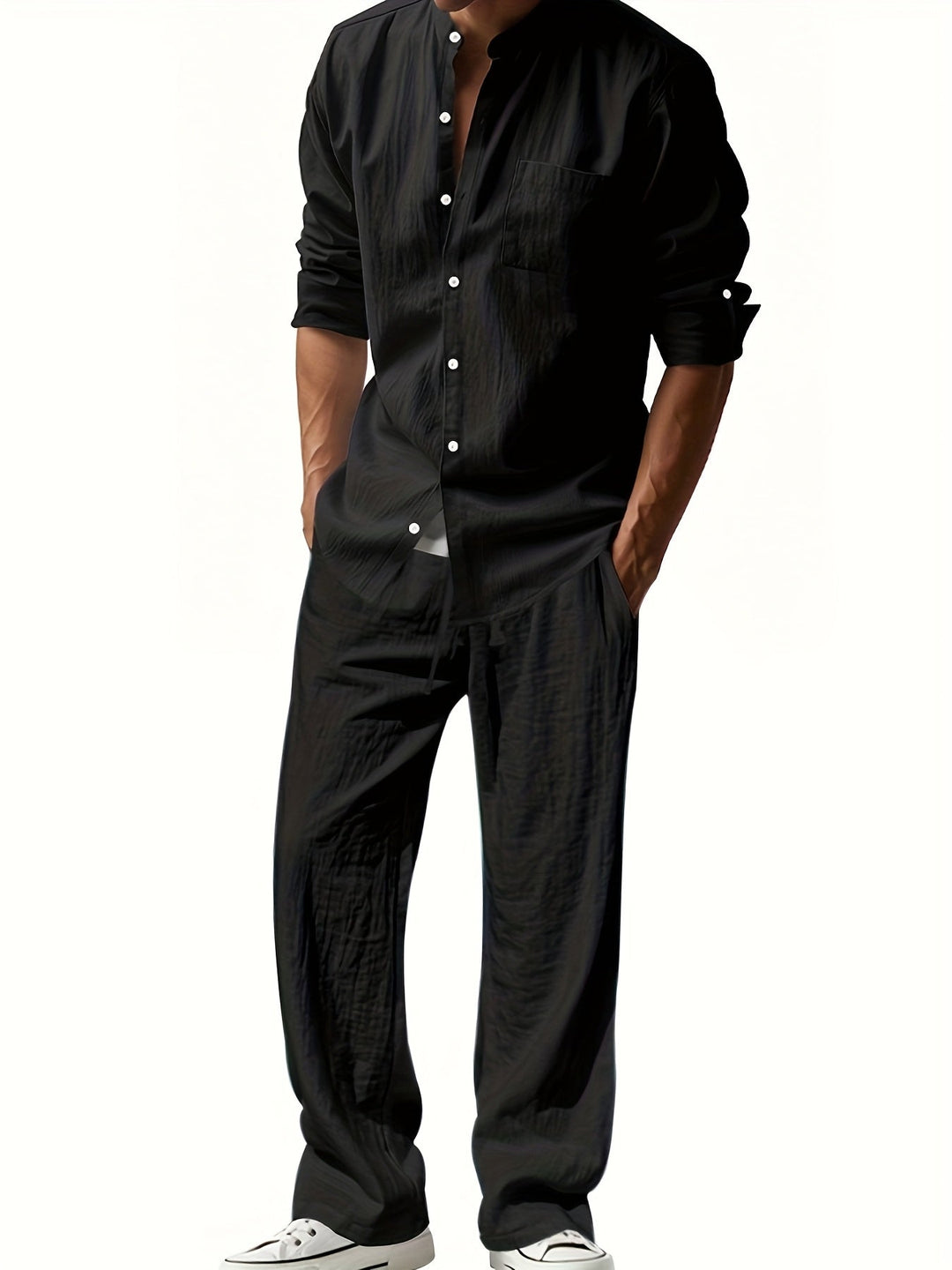 Completo Uomo Due Pezzi in Lino – Camicia Collo Mao e Pantaloni Coordinati