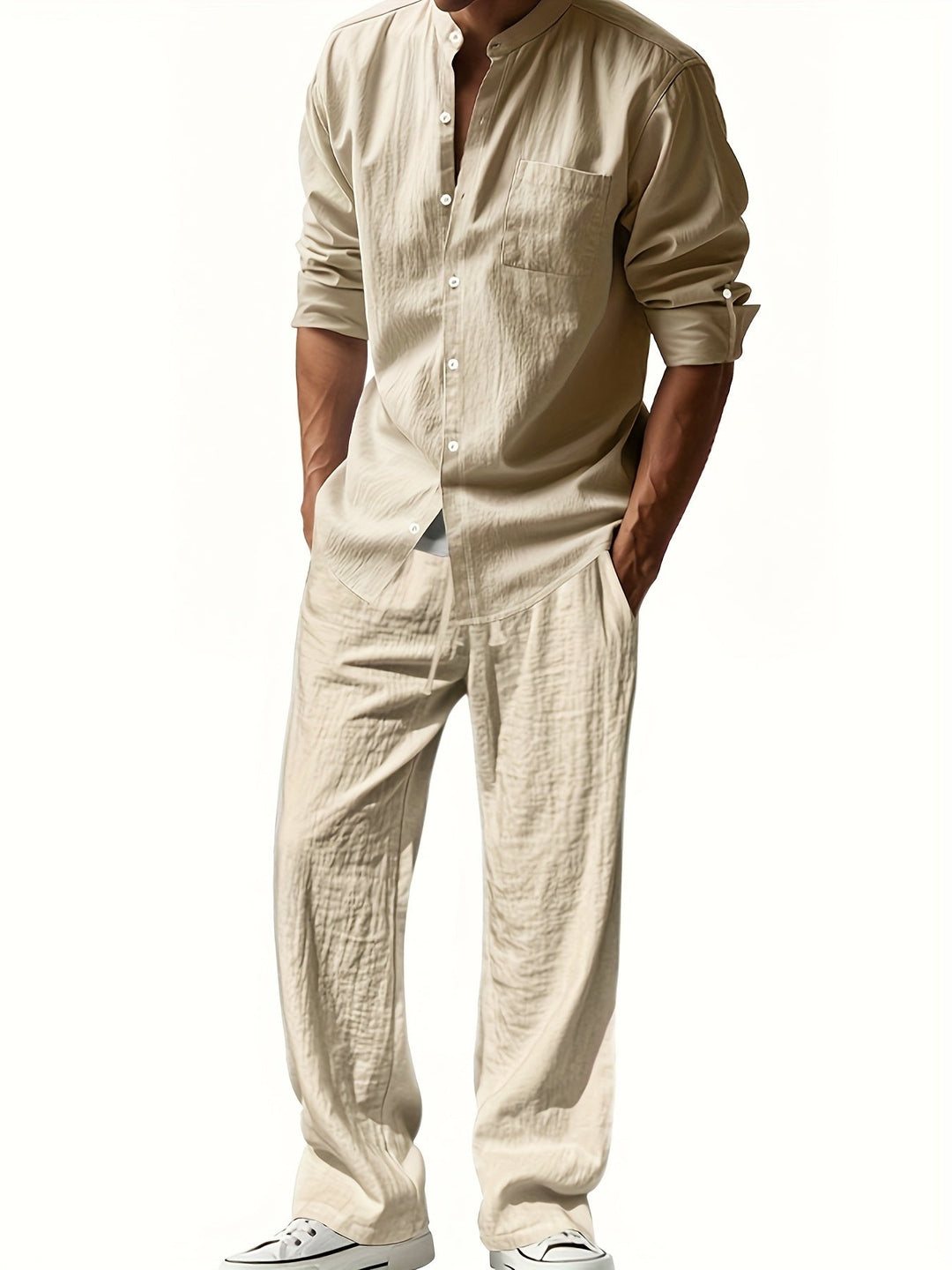 Completo Uomo Due Pezzi in Lino – Camicia Collo Mao e Pantaloni Coordinati