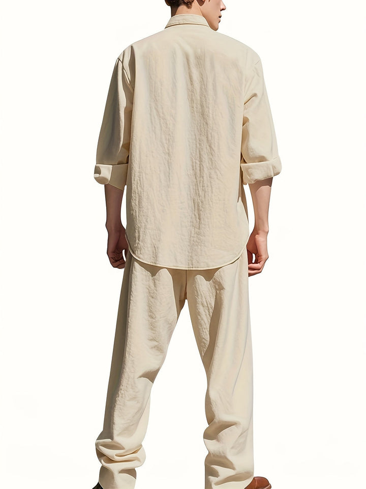 Completo Uomo Due Pezzi in Lino – Camicia Collo Mao e Pantaloni Coordinati