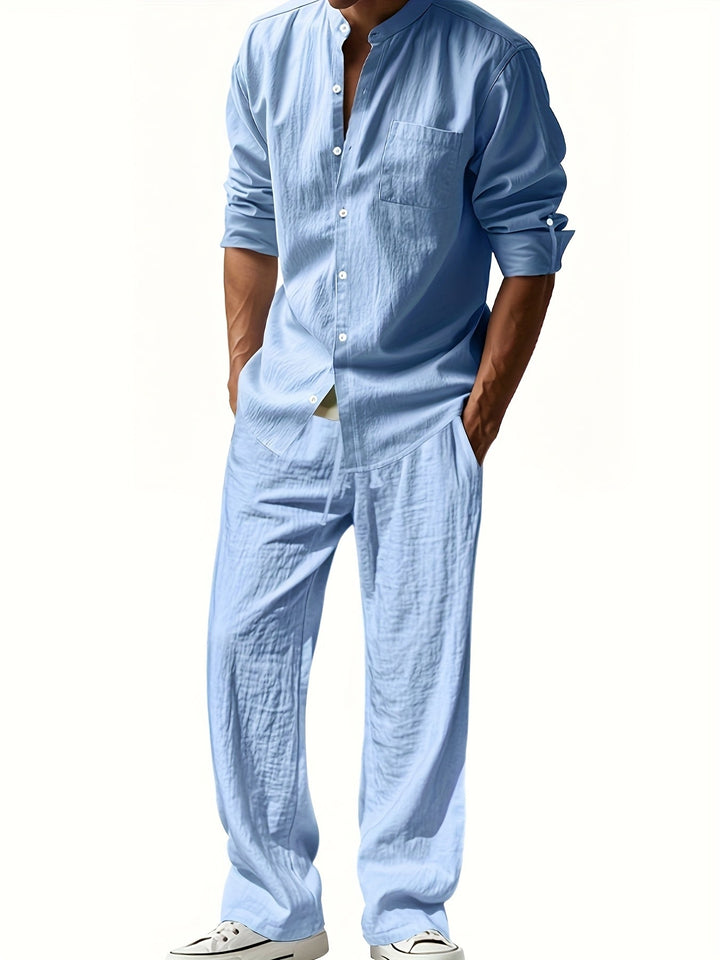 Completo Uomo Due Pezzi in Lino – Camicia Collo Mao e Pantaloni Coordinati