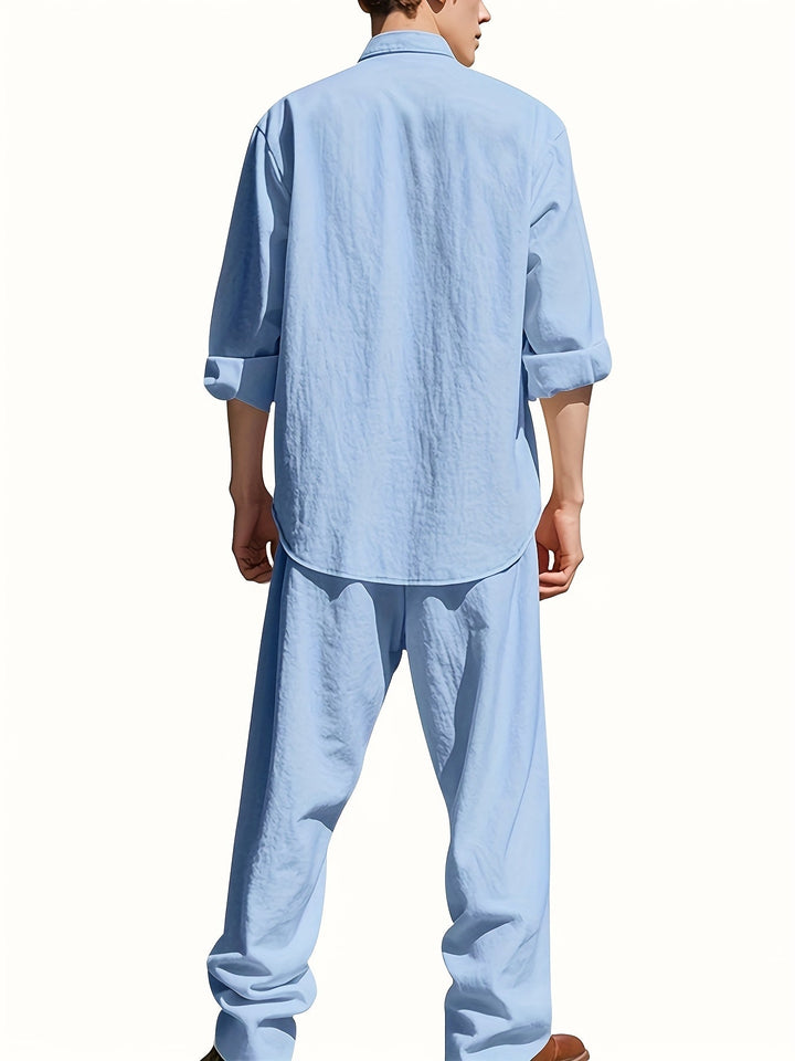 Completo Uomo Due Pezzi in Lino – Camicia Collo Mao e Pantaloni Coordinati