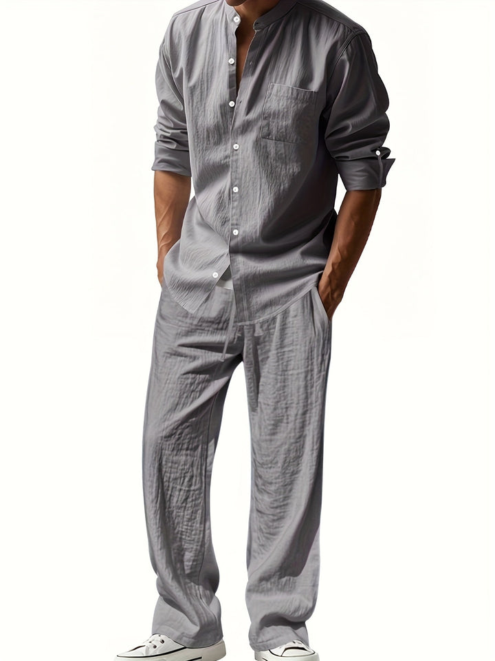 Completo Uomo Due Pezzi in Lino – Camicia Collo Mao e Pantaloni Coordinati