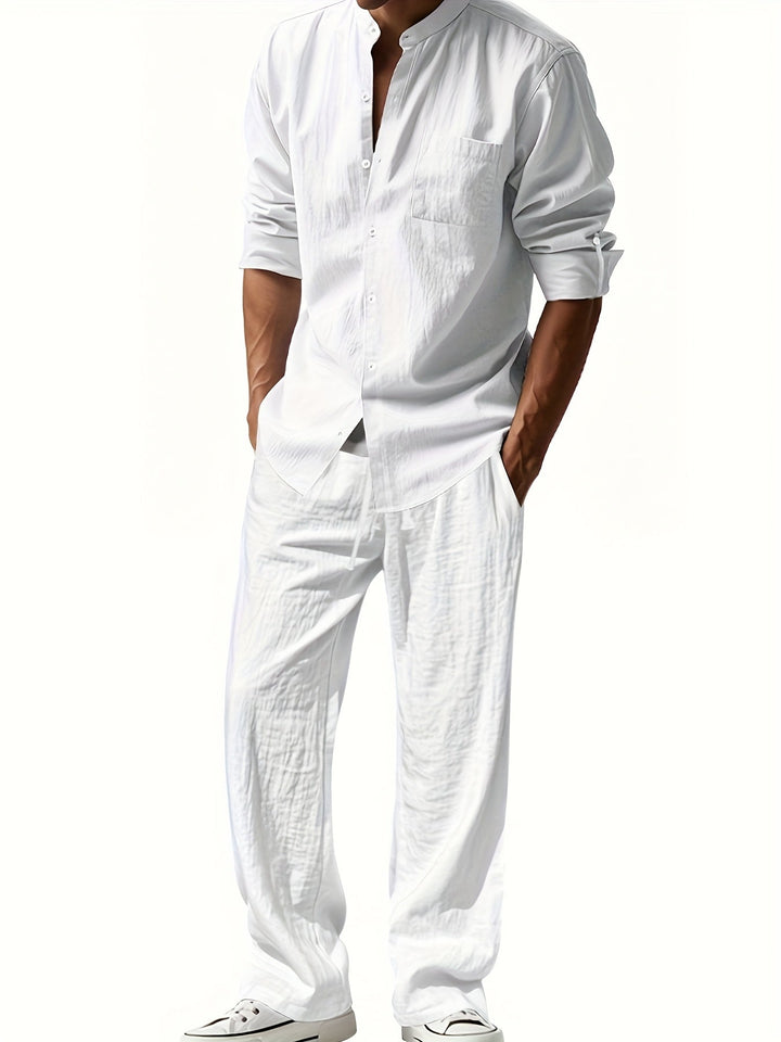 Completo Uomo Due Pezzi in Lino – Camicia Collo Mao e Pantaloni Coordinati