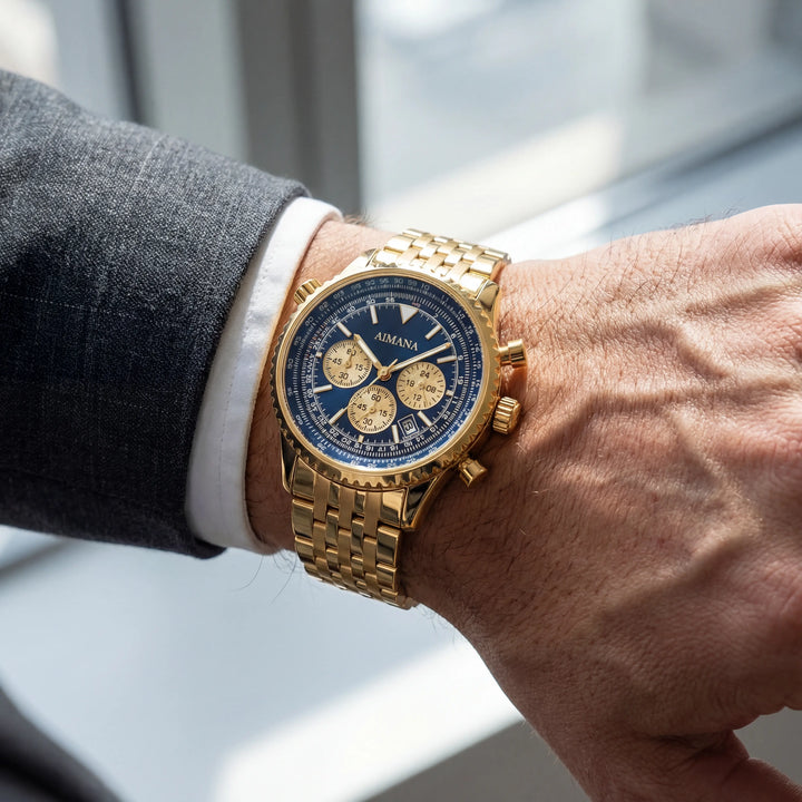 Claire Mode | Herrenuhr goldfarben aus Edelstahl – Leuchtendes und wasserdichtes Quarzwerk 43 mm