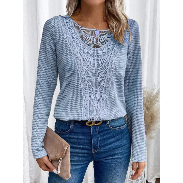 Strickpullover für Damen mit Häkelpaneel – Langarm, Rundhalsausschnitt