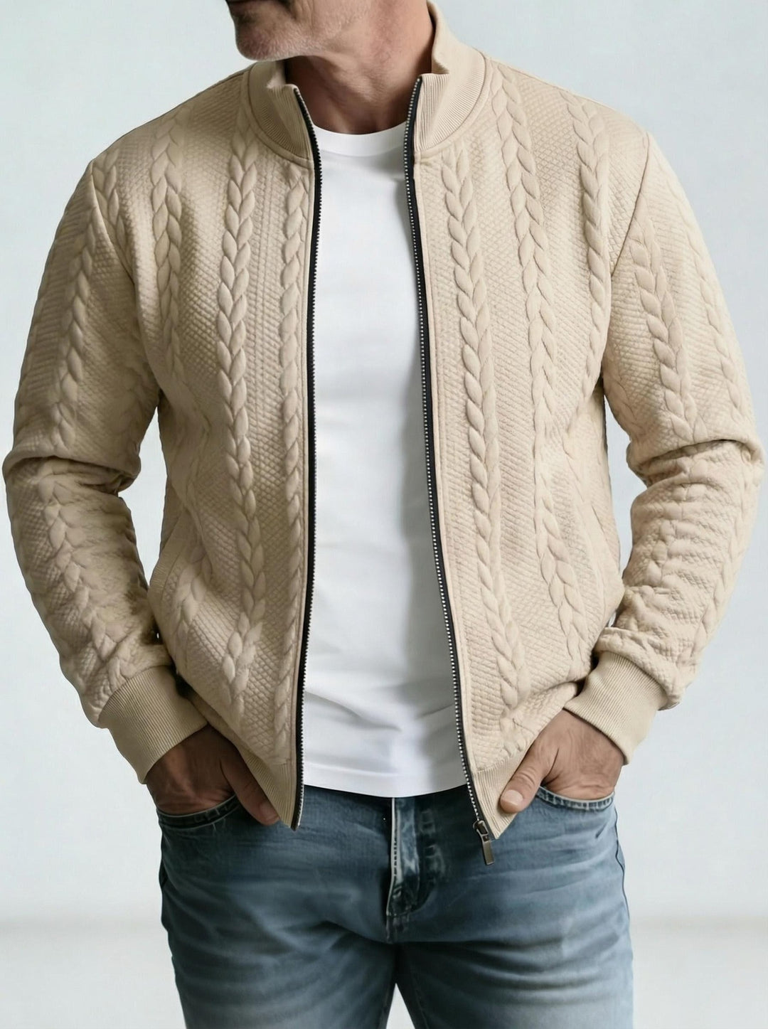 Herren-Jacquardjacke mit Stehkragen – strukturierter Reißverschlussstil