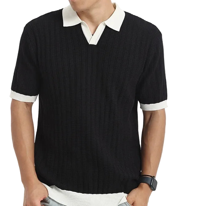 Polo da uomo in maglia coste – Collo a V con bordo a contrasto