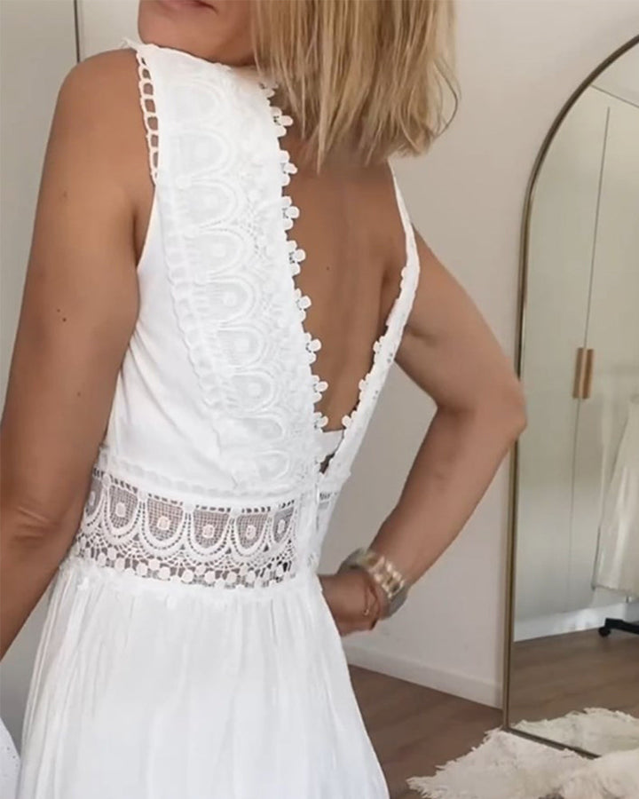 Weißes Boho-Midikleid für Damen aus Spitze – V-Ausschnitt, ärmellos