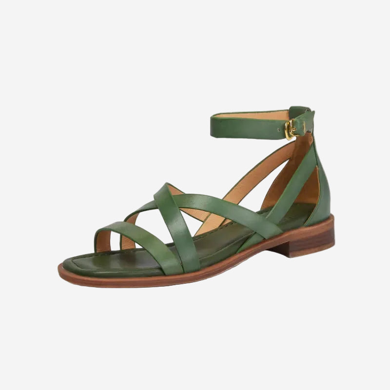 Flache Damensandalen – Gekreuzte Riemen und Knöchelriemen mit Schnalle