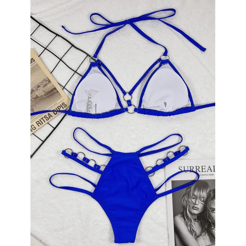 Zweiteiliger Damenbikini mit Trägern – Mesh-Ausschnitte und Metallring