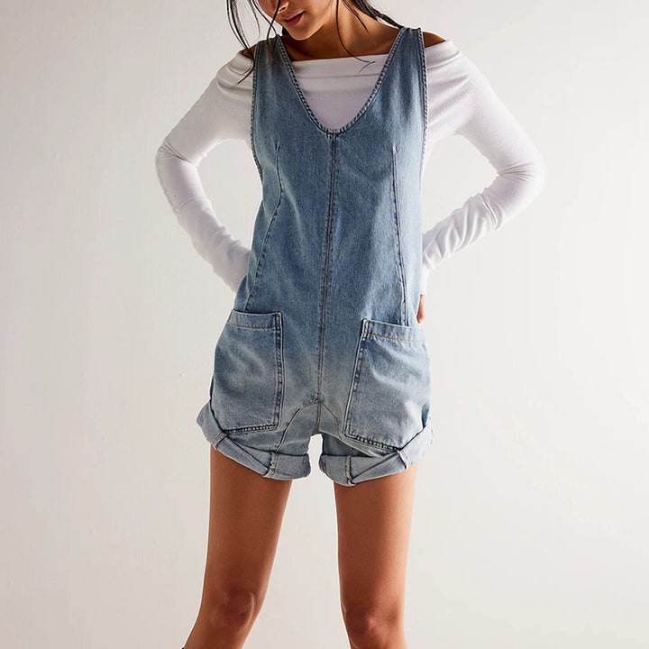 Damen-Jeans-Shorts-Overall – Oversize-Schnitt, ärmellos mit Taschen