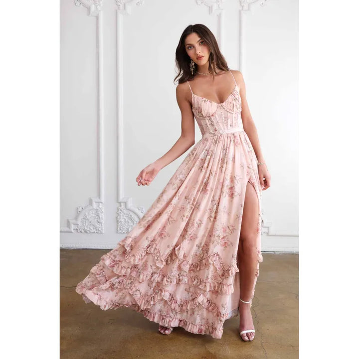 Langes Damenkleid mit Blumenmuster aus Musselin – A-Linien-Schnitt, Trägerstil