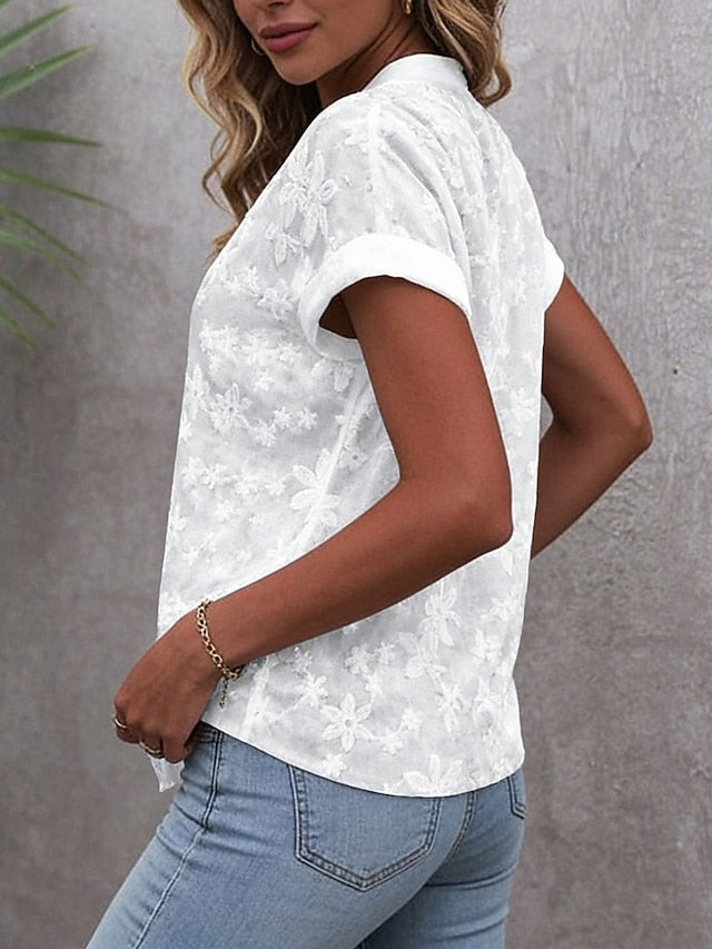 Women's Embroidered Lace Blouse – V-Neck and Front Button Closure