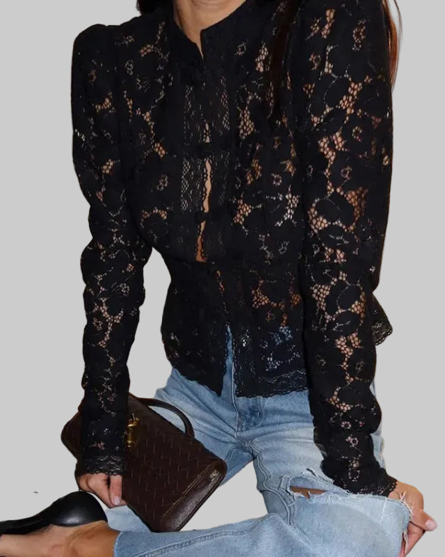 Women's Slim Lace Blouse – Puff Sleeves & High Collar