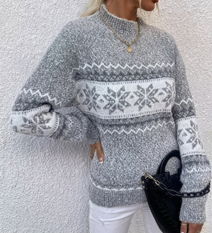 Pull Femme Maille – Motif Nordique à Flocons, Col Montant Demi