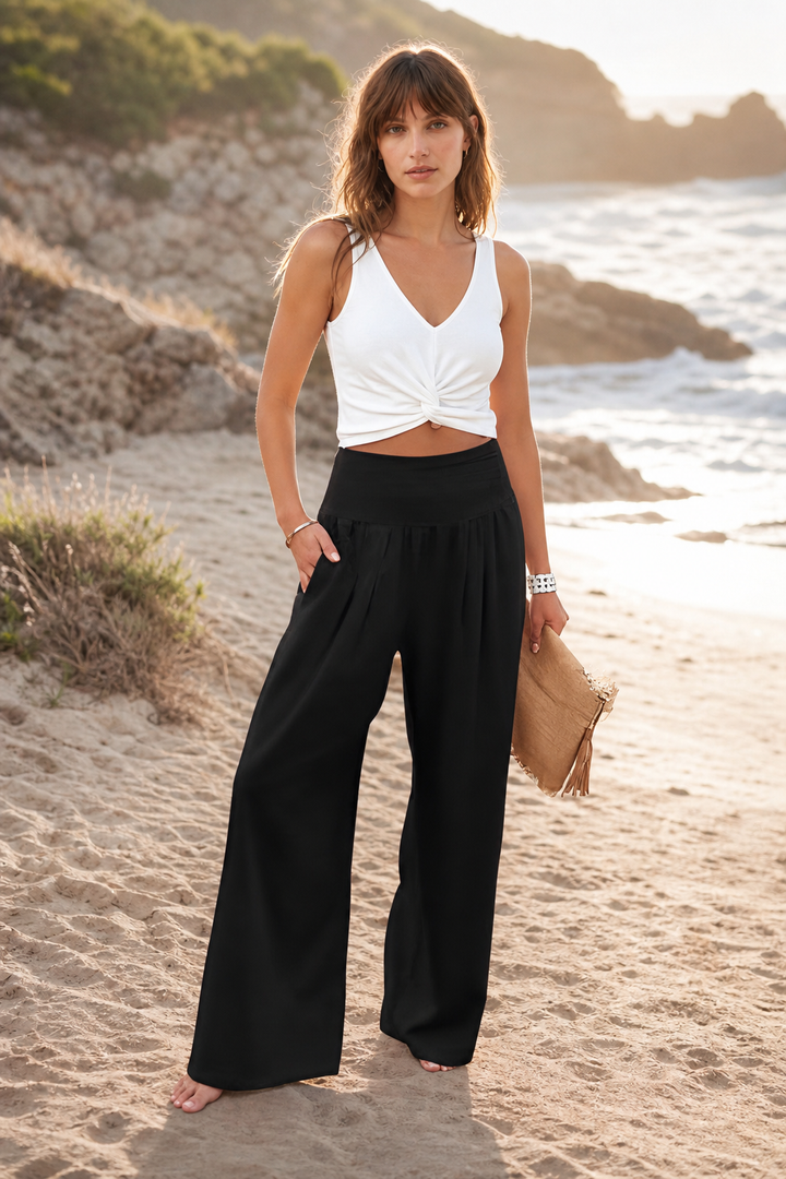 Pantalon Large Femme – Tissu Texturé Léger, Taille Smockée