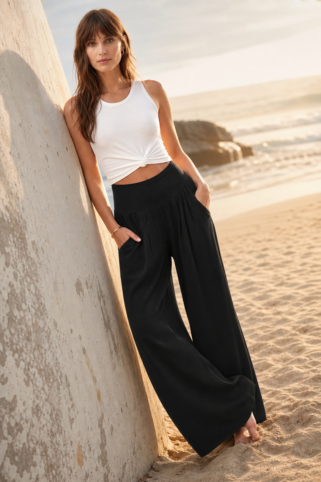 Pantalon Large Femme – Tissu Texturé Léger, Taille Smockée