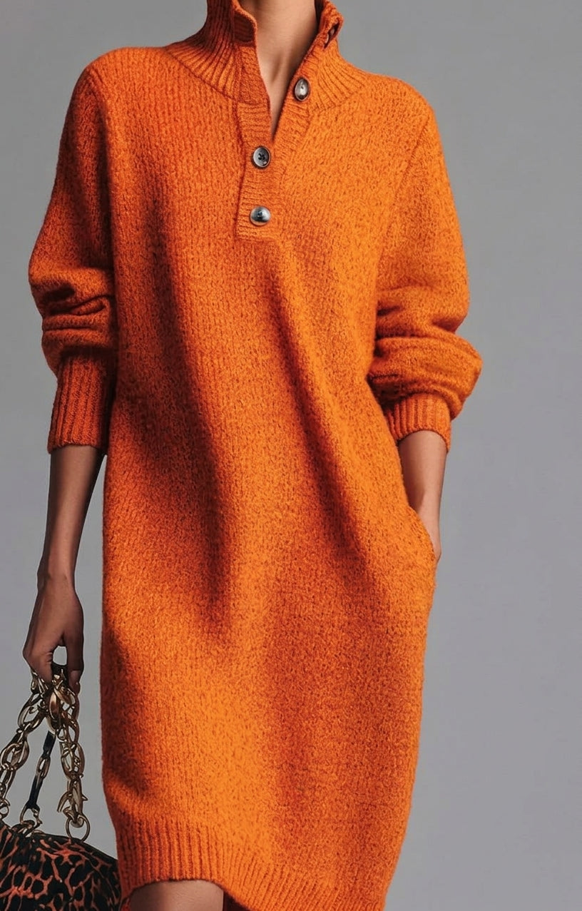 Robe Femme Midi en Maille – Col V Cheminée Boutonné Décontracté