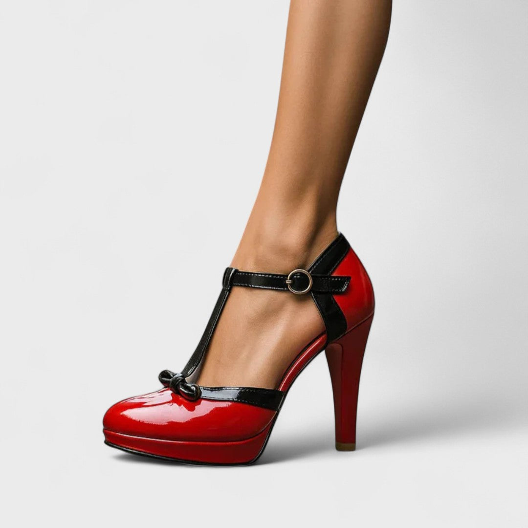 Women's Stiletto Pumps – T-Strap, Decorative Bow & Shiny Platform