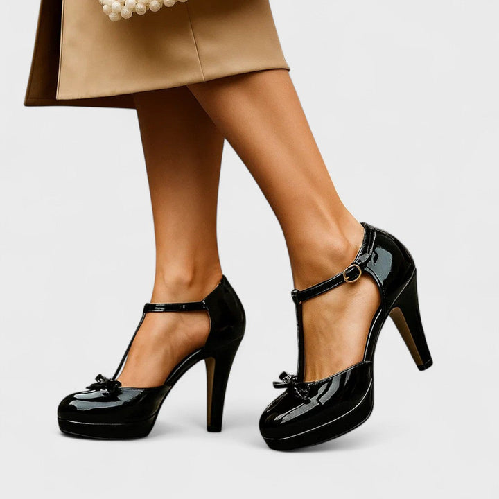 Women's Stiletto Pumps – T-Strap, Decorative Bow & Shiny Platform