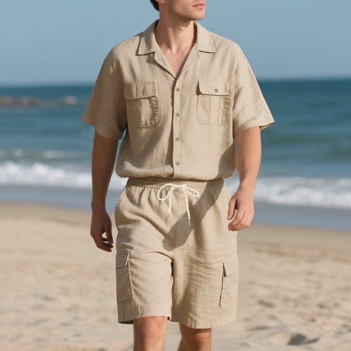 Completo Uomo Lino – Camicia con Colletto &amp; Pantaloncini Cargo Traspiranti