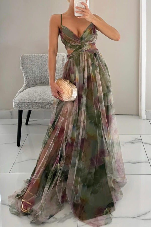 Abito maxi donna in mesh floreale – busto aderente gonna fluida