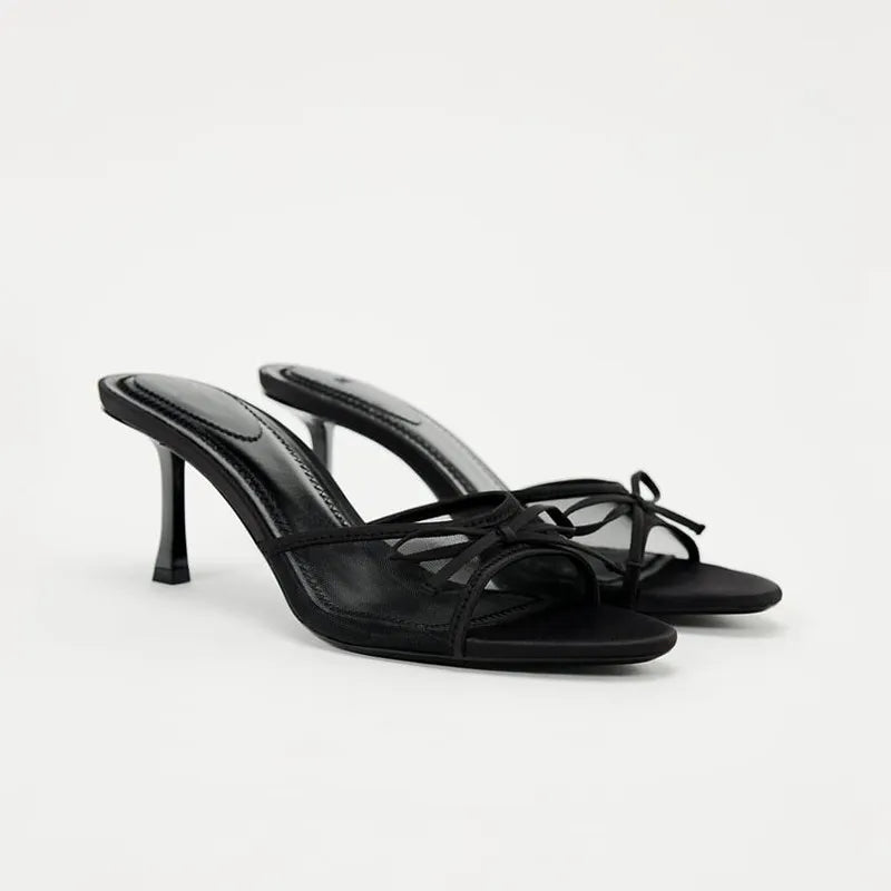 Women's High Heel Mesh Sandals – Minimalist Bow Detail