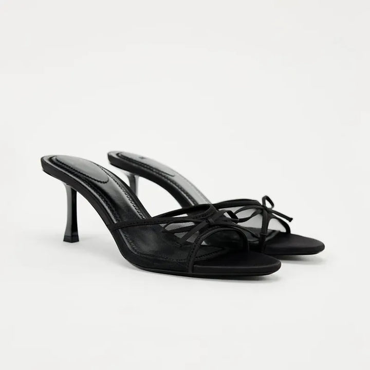 Women's High Heel Mesh Sandals – Minimalist Bow Detail