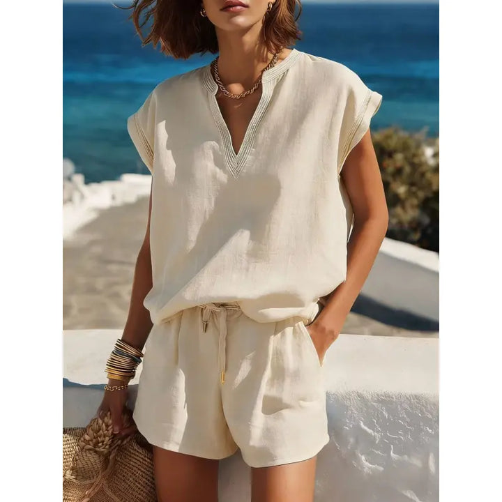 Completo Due Pezzi Donna con Maniche Corte e Scollo a V – Coordinato Corto Casual
