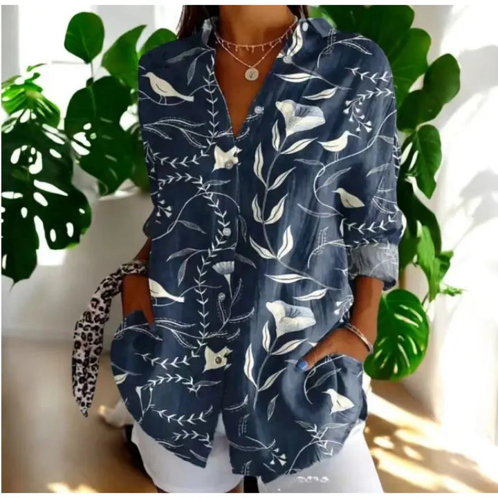 Women's Floral Print Shirt – Relaxed Fit with Mandarin Collar