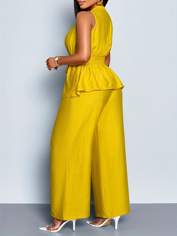 Completo Due Pezzi Donna – Top Scollo a V Peplum e Pantaloni Larghi