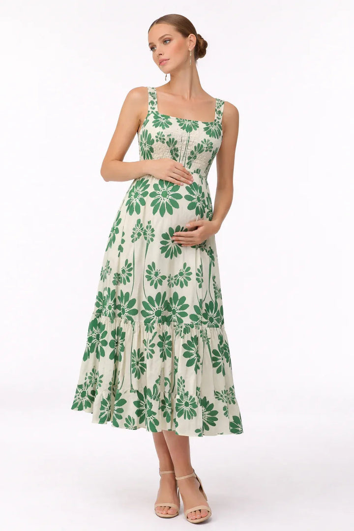 Midikleid für Damen mit Blumenmuster – Oberteil mit Smok-Effekt und gestufter Rock