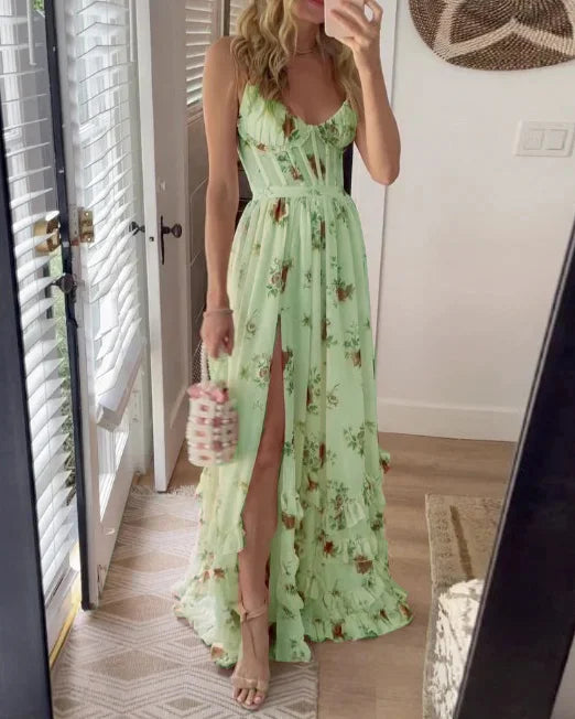 Maxikleid mit Blumenmuster und Schnürung für Damen – Taillierter Schnitt mit Seitenschlitz