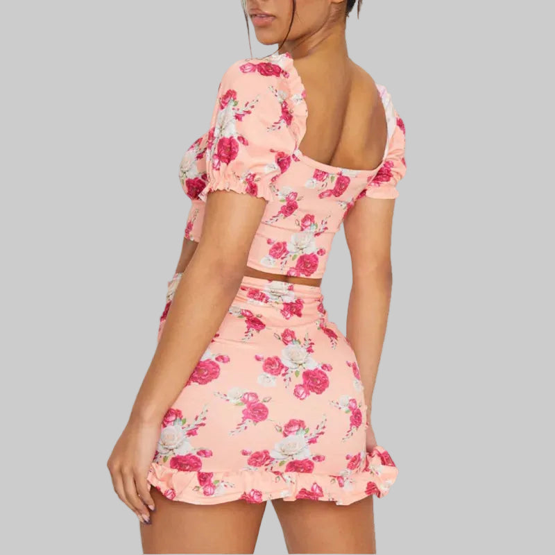 Women's Two-Piece Floral Set – Bardot Top & Ruffled Mini Skirt